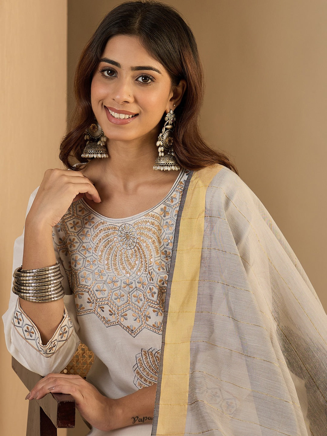 Cotton Blend Embroidered Kurta Pant Set with Chanderi Dupatta for Women