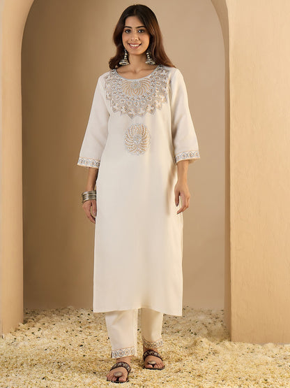 Cotton Blend Embroidered Kurta Pant Set with Chanderi Dupatta for Women