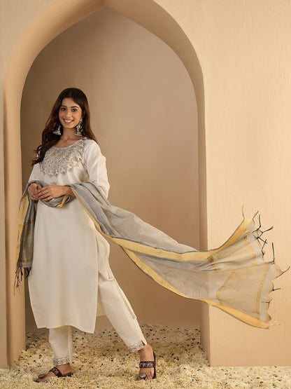 Cotton Blend Embroidered Kurta Pant Set with Chanderi Dupatta for Women