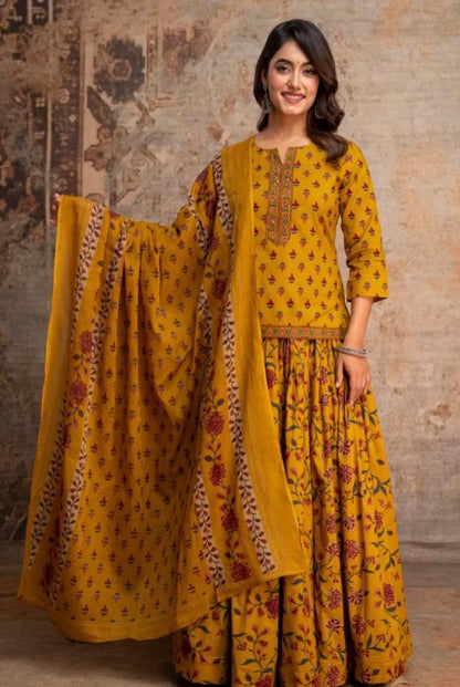 Cotton Block Print Gopi Dress Set with 3 Meter Flared Skirt and Dupatta