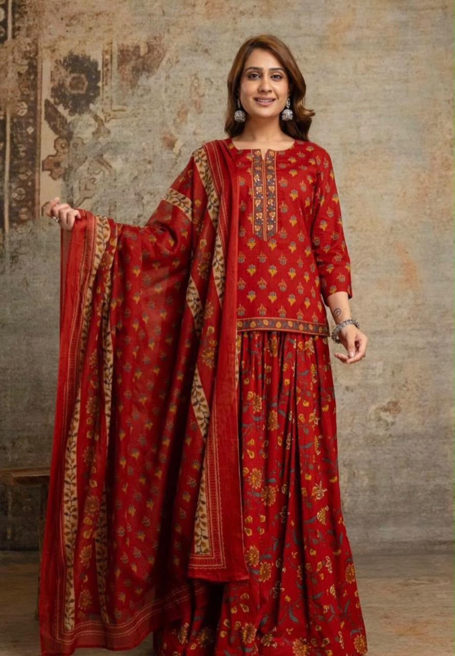 Cotton Block Print Gopi Dress Set with 3 Meter Flared Skirt and Dupatta