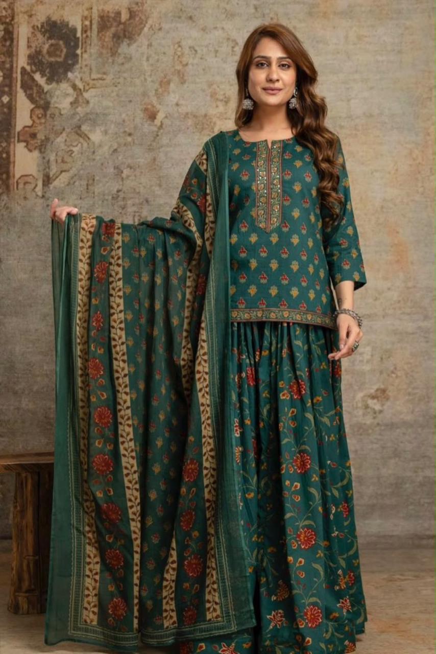 Cotton Block Print Gopi Dress Set with 3 Meter Flared Skirt and Dupatta