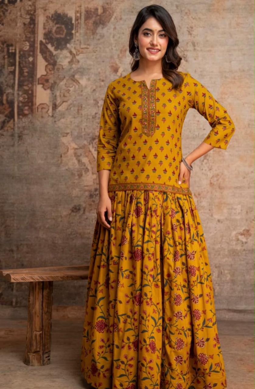 Cotton Block Print Gopi Dress Set with 3 Meter Flared Skirt and Dupatta