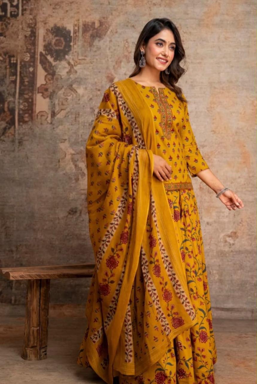 Cotton Block Print Gopi Dress Set with 3 Meter Flared Skirt and Dupatta