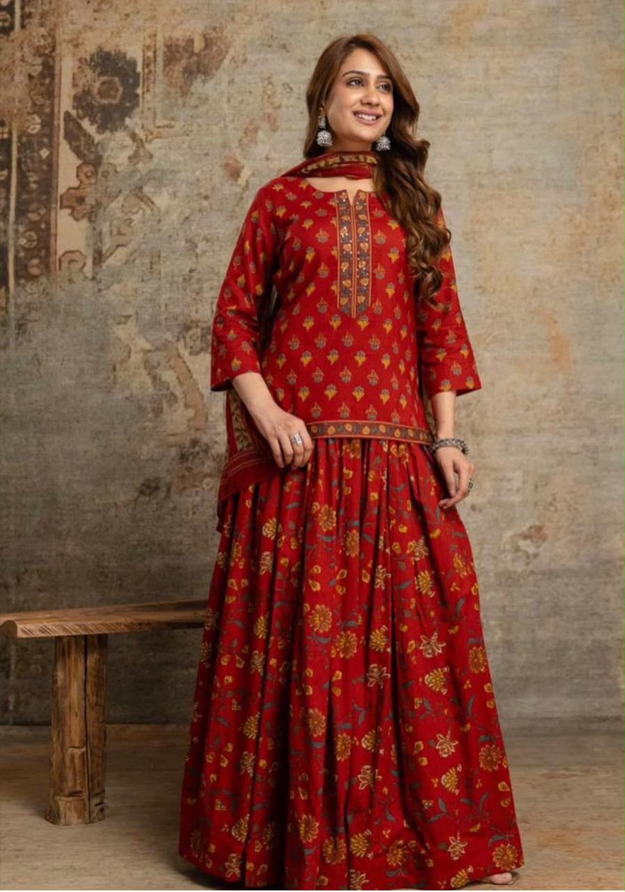 Cotton Block Print Gopi Dress Set with 3 Meter Flared Skirt and Dupatta
