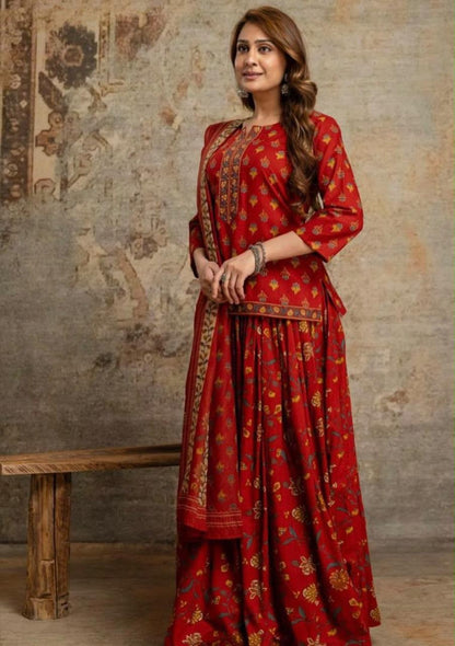 Cotton Block Print Gopi Dress Set with 3 Meter Flared Skirt and Dupatta