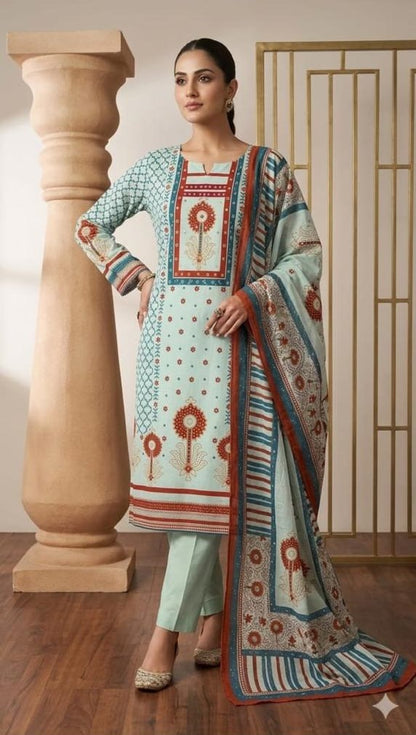 Cotton Block Print Kurta Pant & Dupatta Set | Round Neck