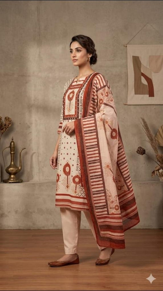 Cotton Block Print Kurta Pant & Dupatta Set | Round Neck