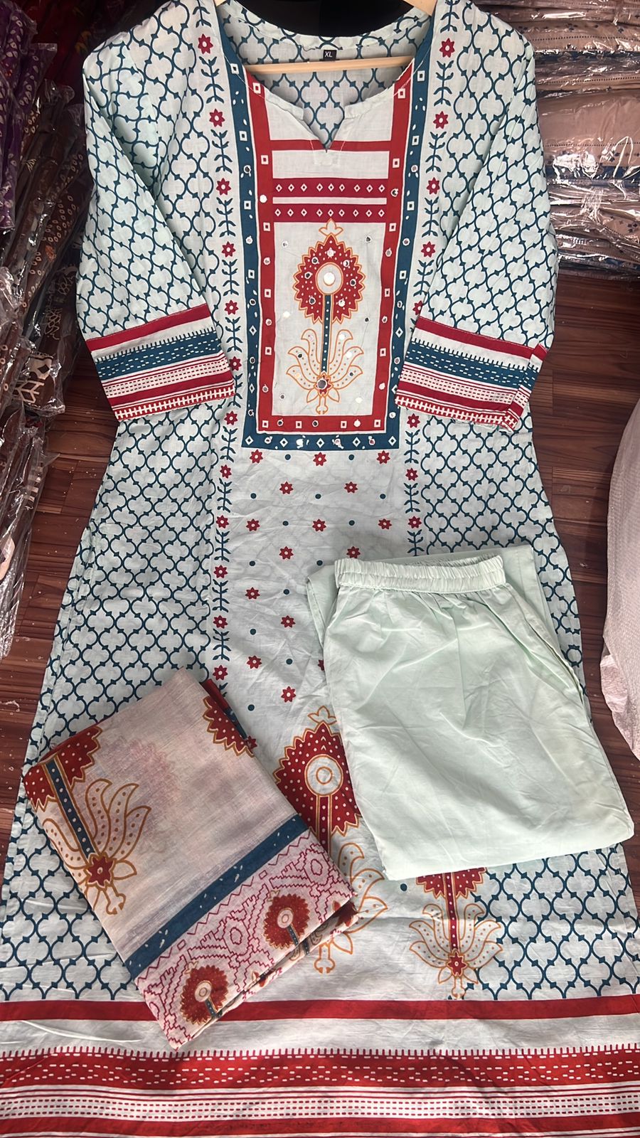 Cotton Block Print Kurta Pant & Dupatta Set | Round Neck