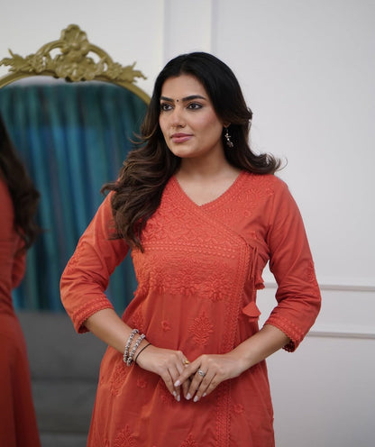Cotton Chikankari Angrakha Kurti Pant Set | 60.60 Cotton