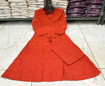 Cotton Chikankari Angrakha Kurti Pant Set | 60.60 Cotton