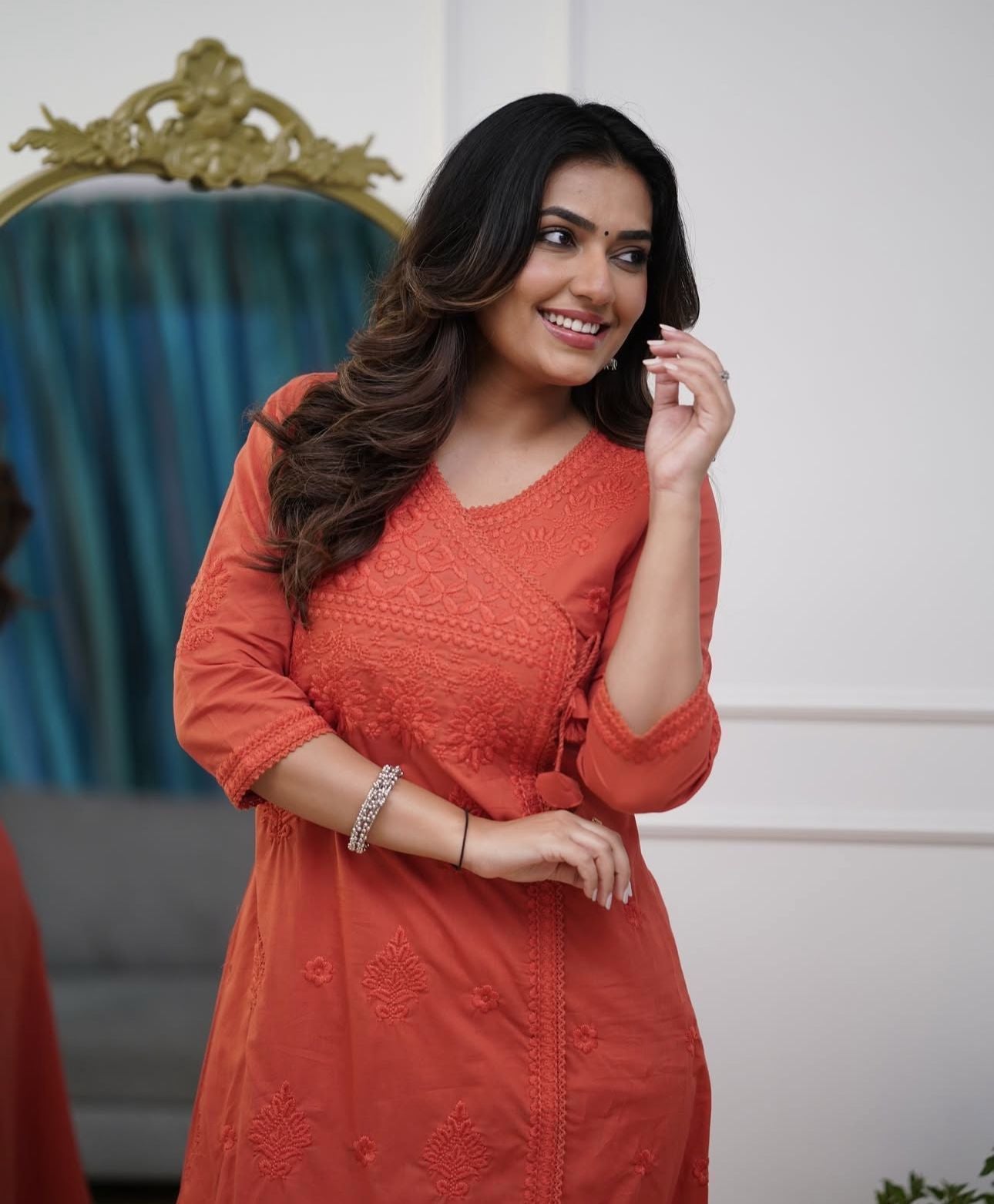 Cotton Chikankari Angrakha Kurti Pant Set | 60.60 Cotton