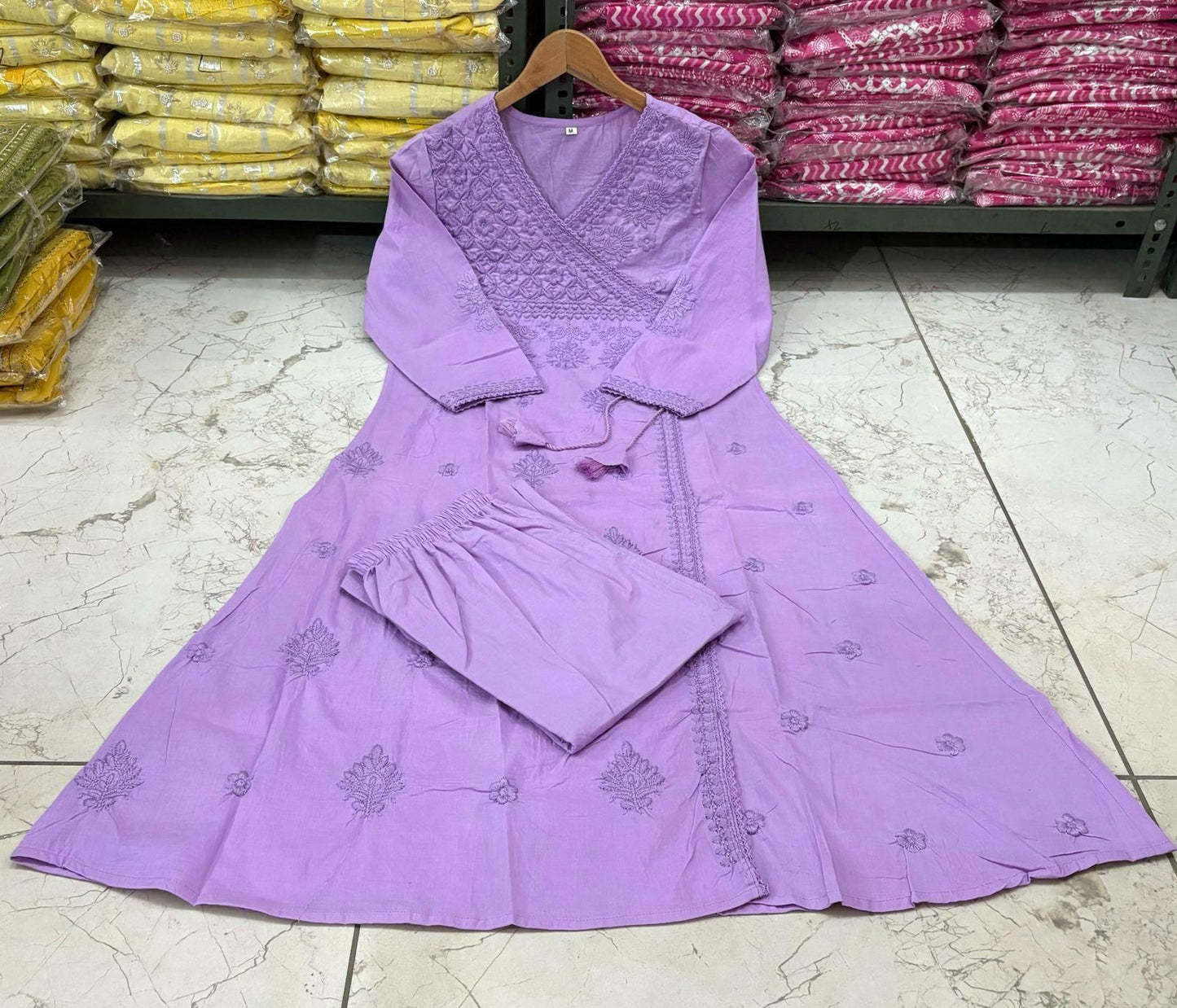 Cotton Chikankari Angrakha Kurti Pant Set | 60.60 Cotton