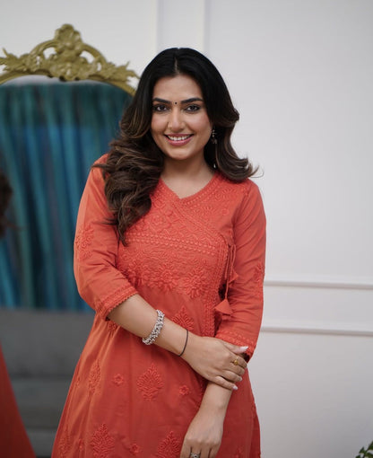 Cotton Chikankari Angrakha Kurti Pant Set | 60.60 Cotton