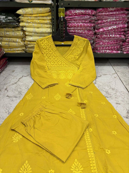 Cotton Chikankari Angrakha Kurti Pant Set | 60.60 Cotton