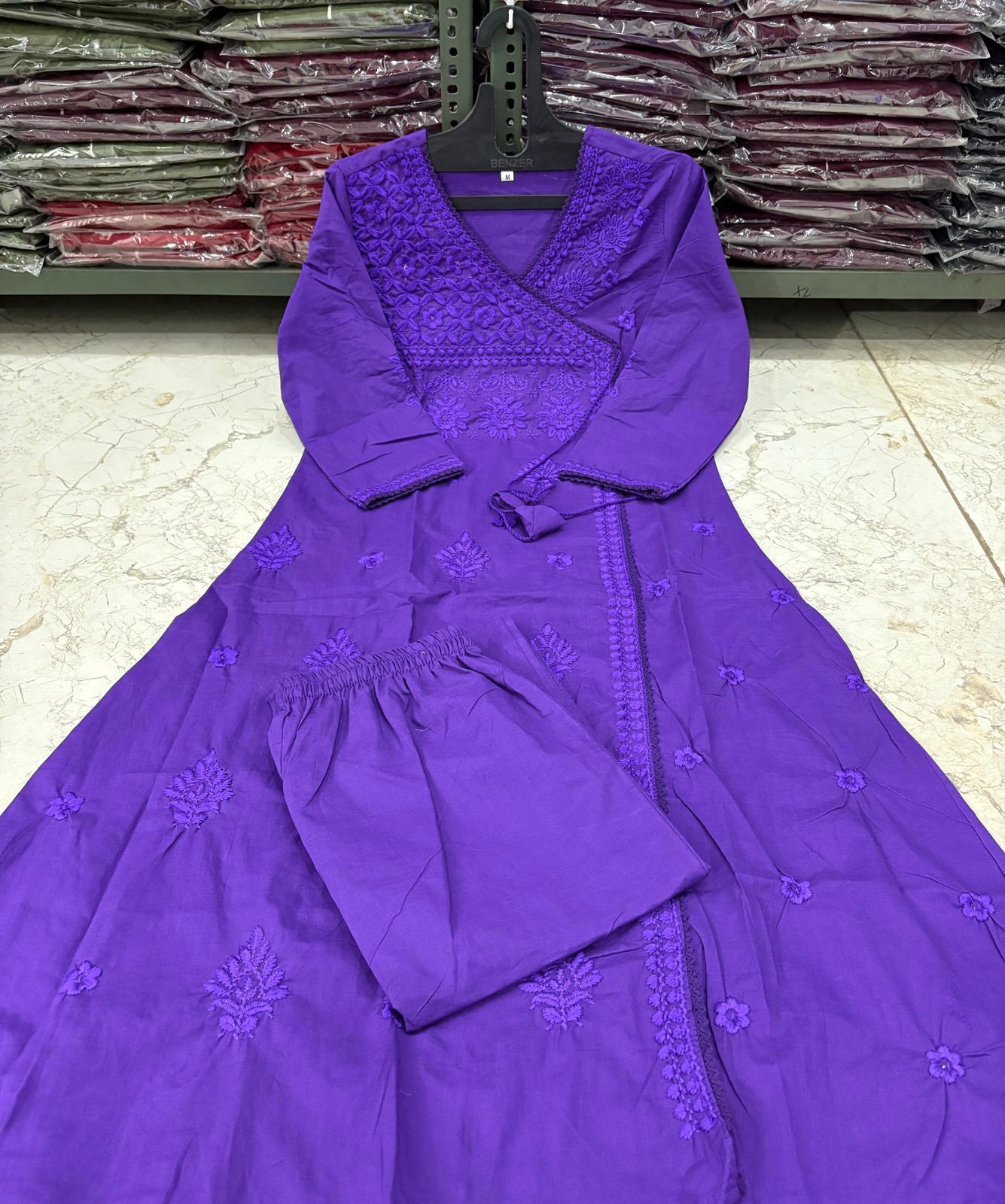 Cotton Chikankari Angrakha Kurti Pant Set | 60.60 Cotton