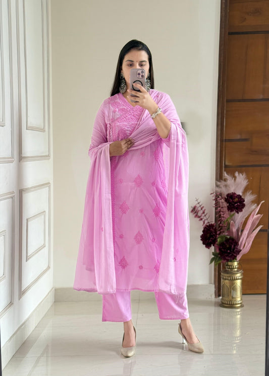 Cotton Chikankari Angrakha Kurti Set with Embroidered Malmal Dupatta