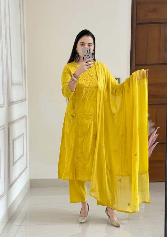 Cotton Chikankari Angrakha Kurti Set with Embroidered Malmal Dupatta