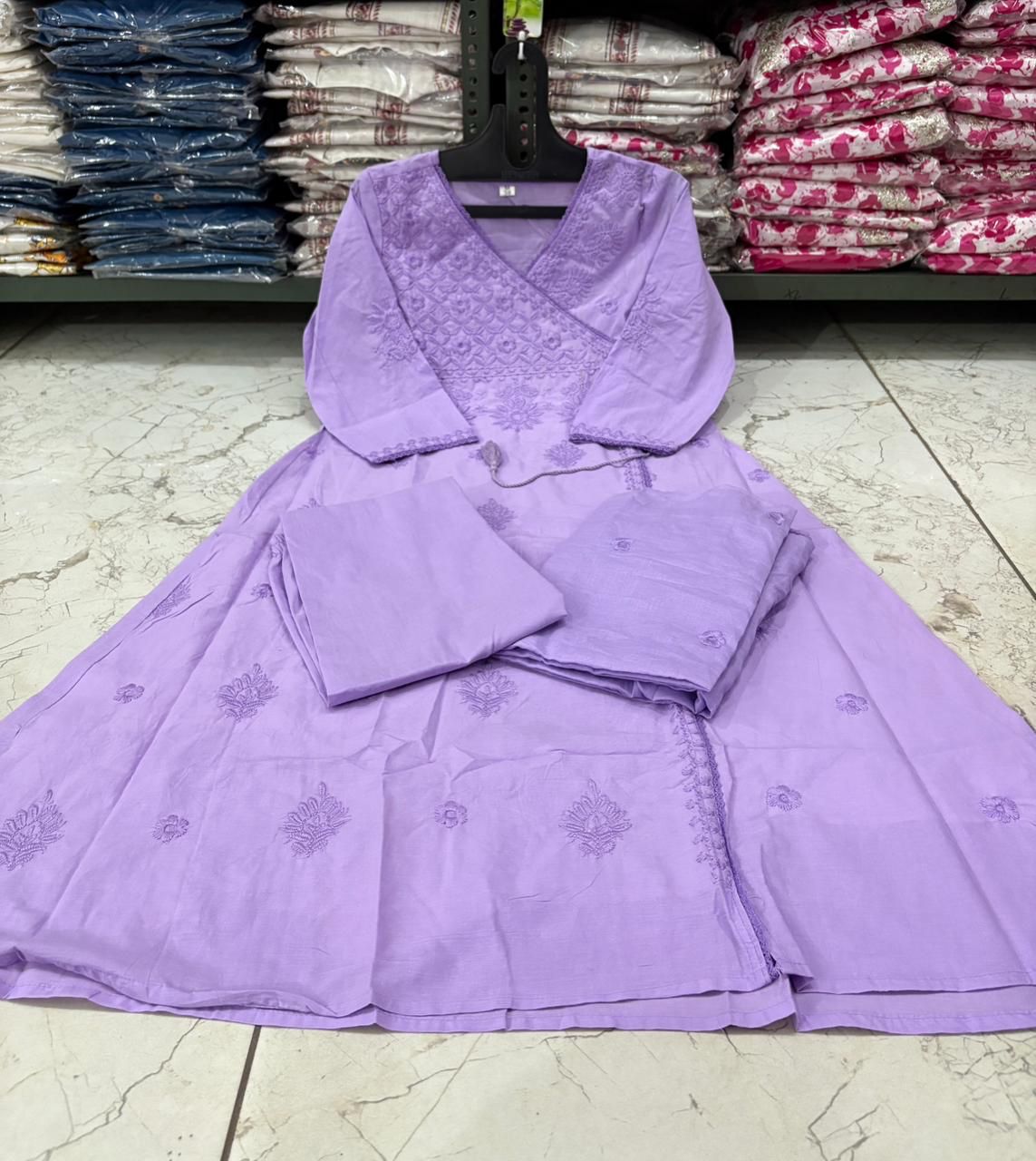 Cotton Chikankari Angrakha Kurti Set with Embroidered Malmal Dupatta