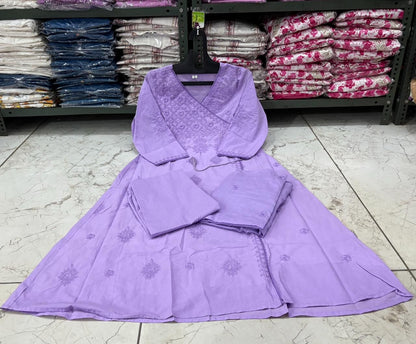 Cotton Chikankari Angrakha Kurti Set with Embroidered Malmal Dupatta