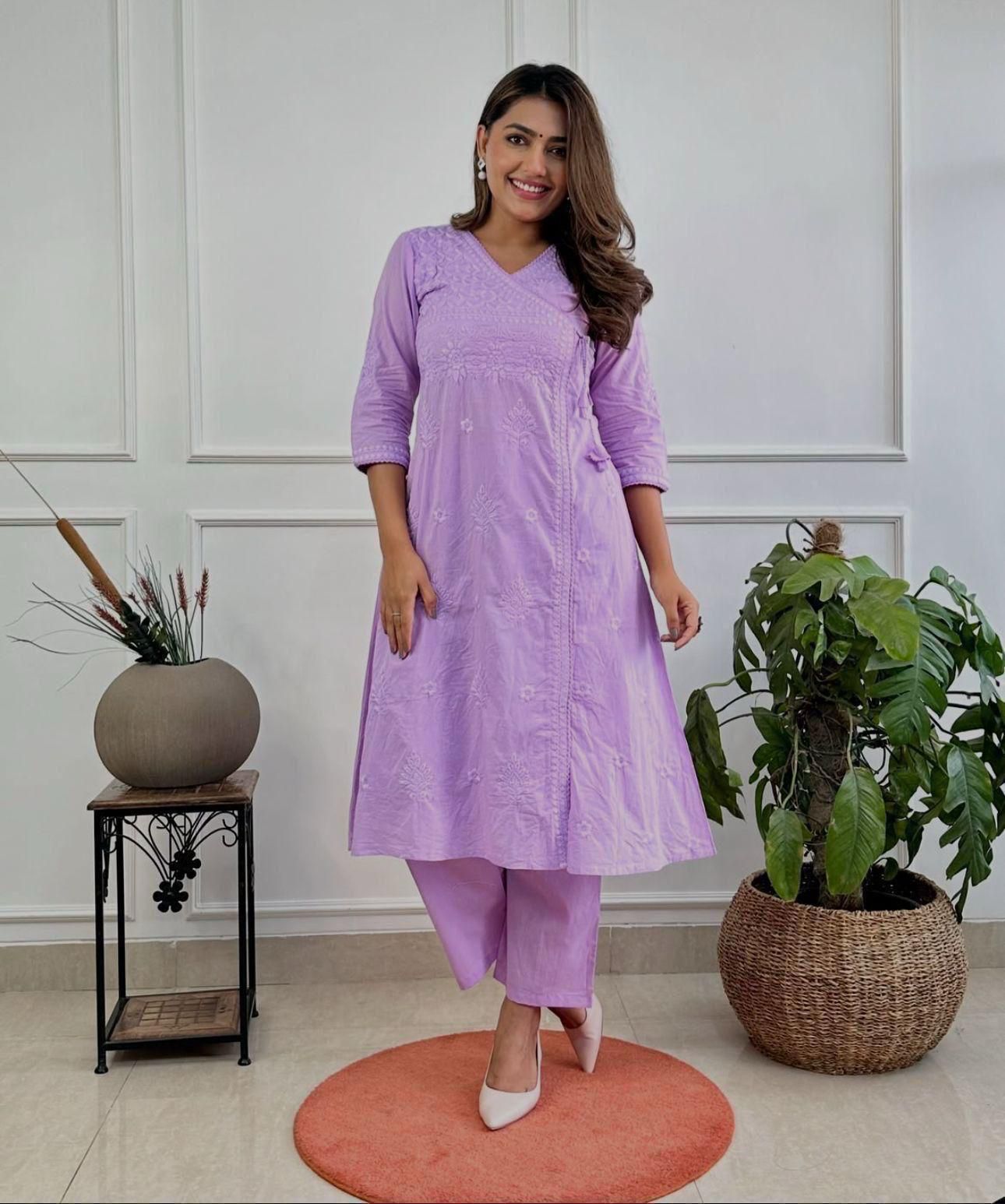 Cotton Chikankari Angrakha Style Kurti Pant Set for Women