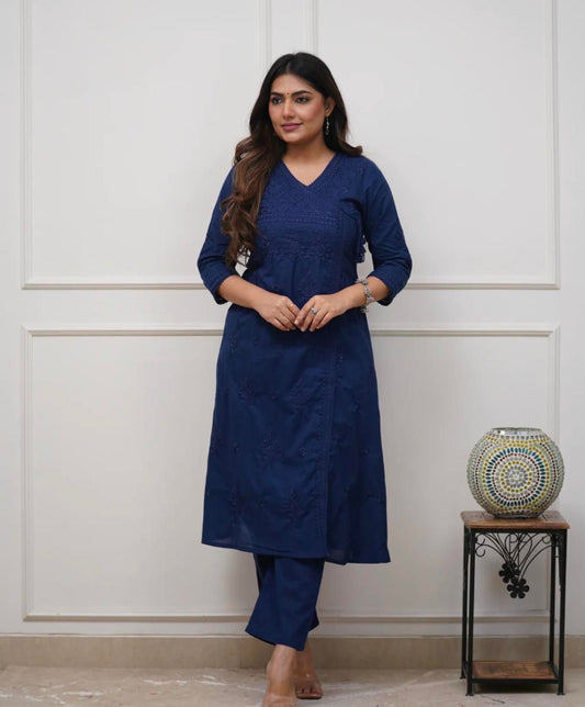 Cotton Chikankari Angrakha Style Kurti Pant Set for Women