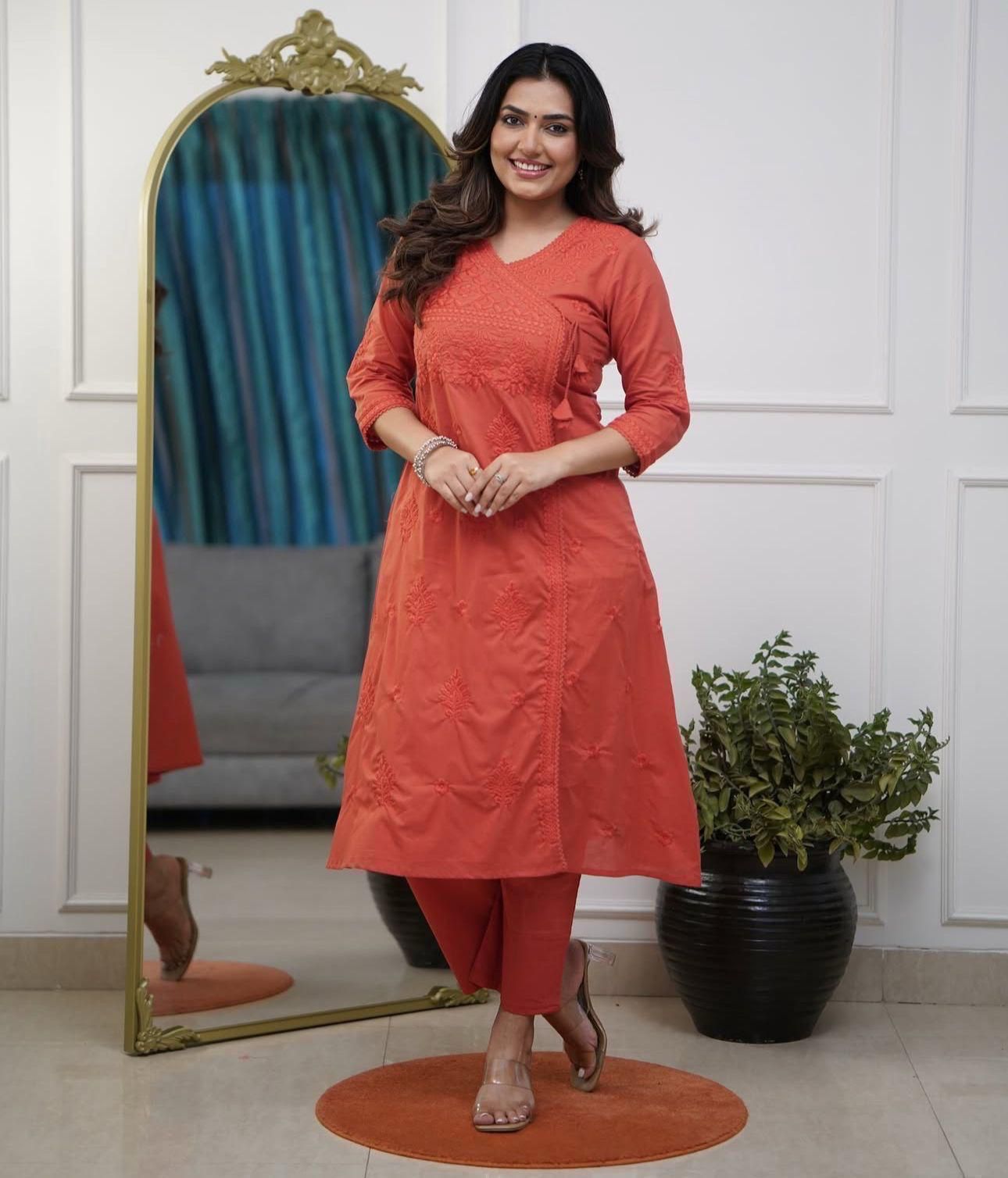 Cotton Chikankari Angrakha Style Kurti Pant Set for Women