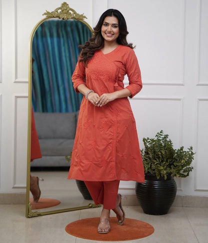 Cotton Chikankari Angrakha Style Kurti Pant Set for Women