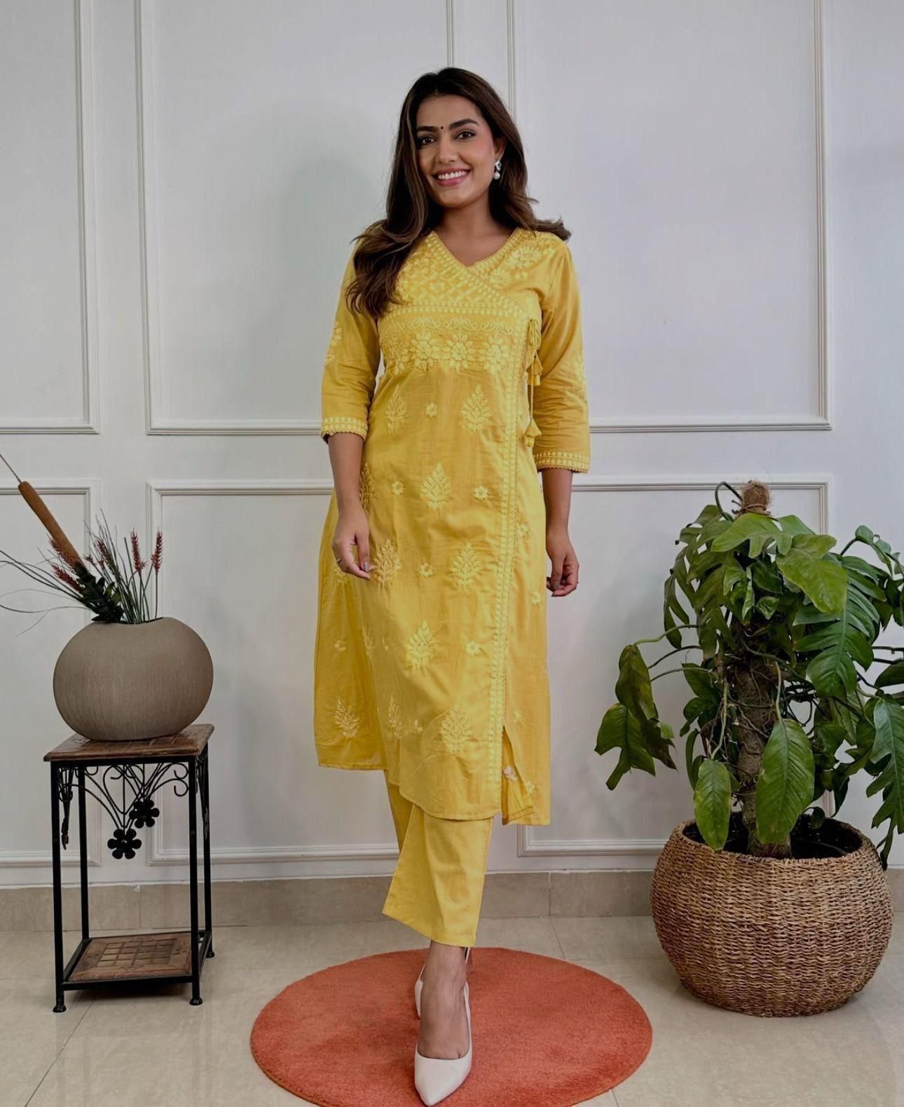 Cotton Chikankari Angrakha Style Kurti Pant Set for Women
