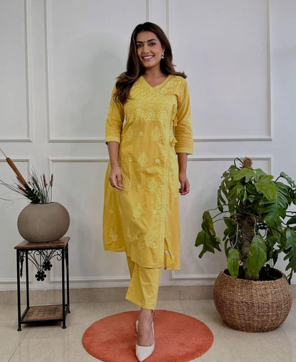 Cotton Chikankari Angrakha Style Kurti Pant Set for Women
