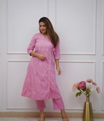 Cotton Chikankari Angrakha Style Kurti Pant Set for Women
