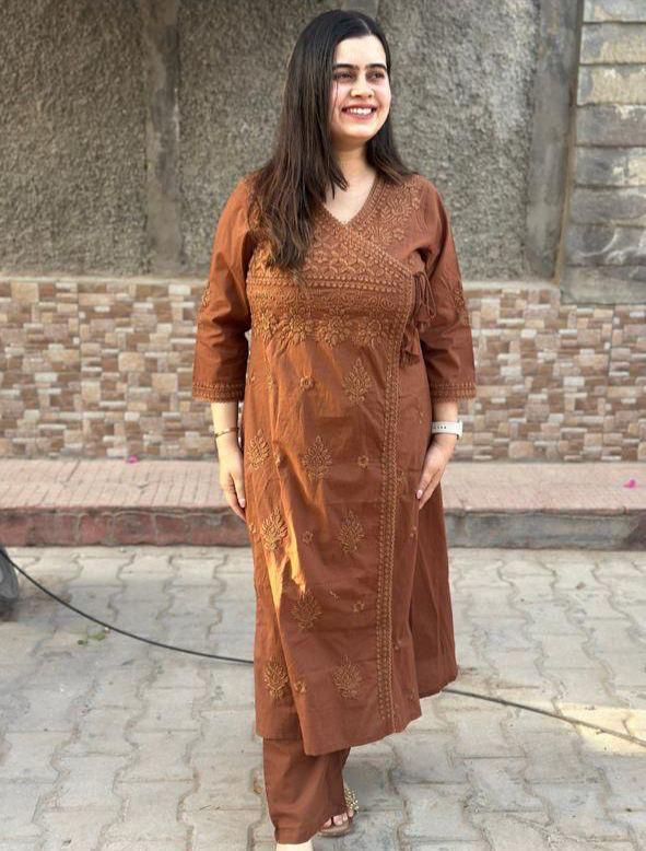 Cotton Chikankari Angrakha Style Kurti Pant Set for Women