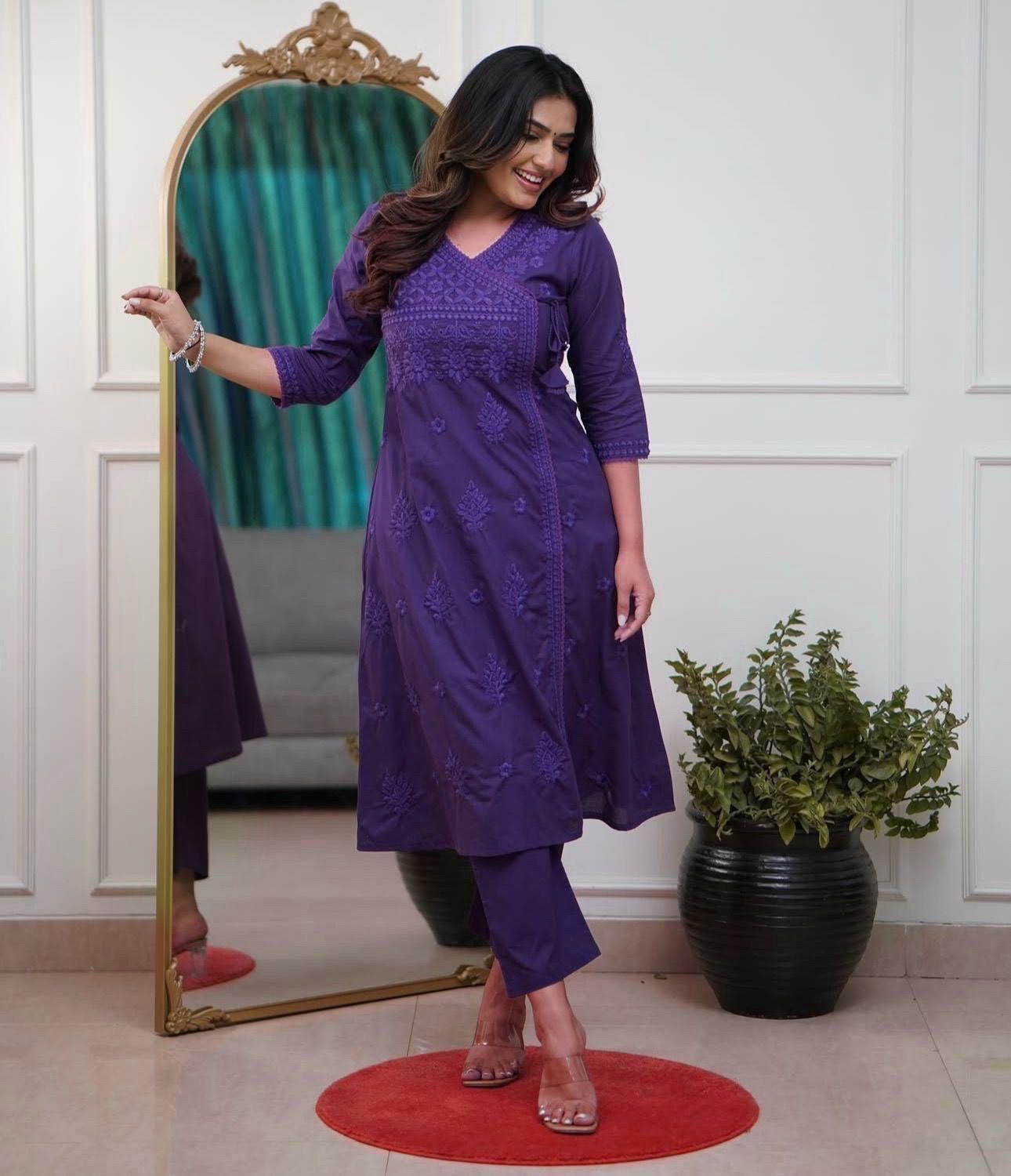 Cotton Chikankari Angrakha Style Kurti Pant Set for Women