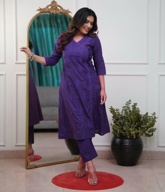 Cotton Chikankari Angrakha Style Kurti Pant Set for Women