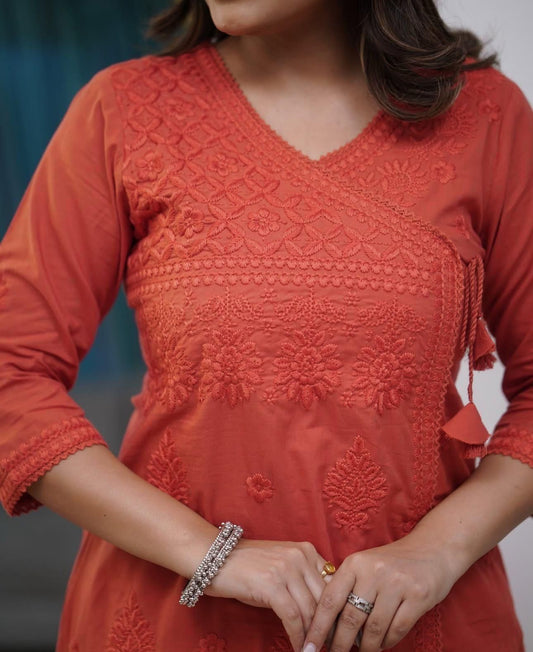 Cotton Chikankari Angrakha Style Kurti Pant Set for Women