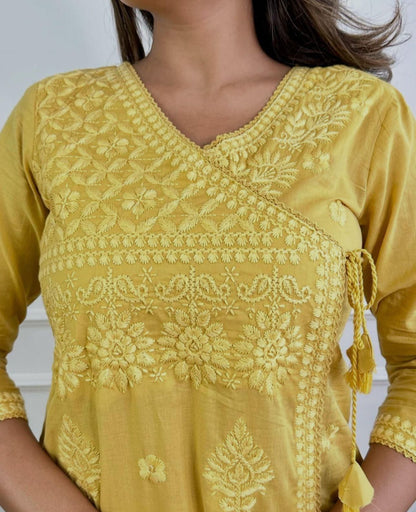 Cotton Chikankari Angrakha Style Kurti Pant Set for Women