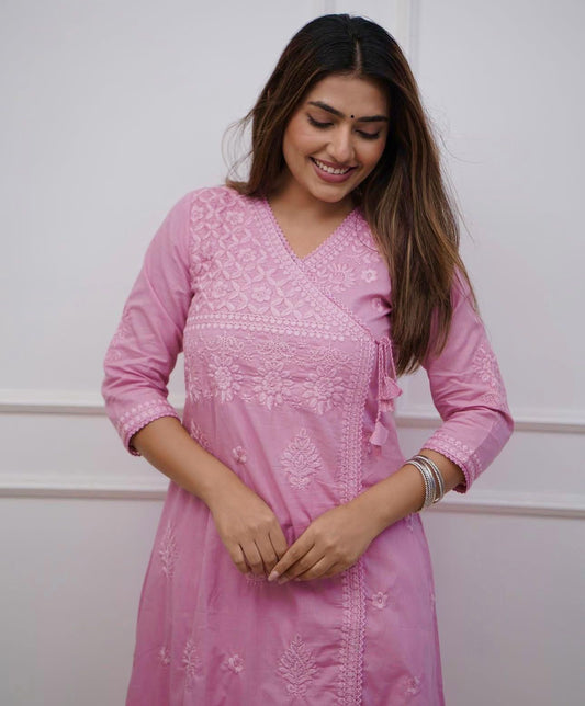Cotton Chikankari Angrakha Style Kurti Pant Set for Women