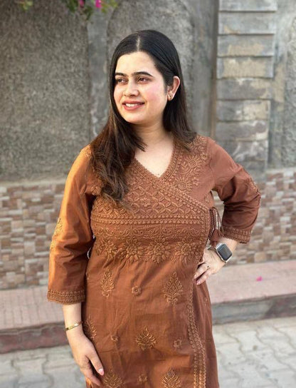 Cotton Chikankari Angrakha Style Kurti Pant Set for Women