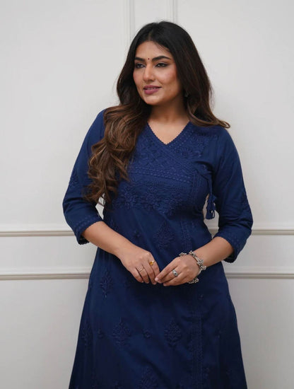 Cotton Chikankari Angrakha Style Kurti Pant Set for Women