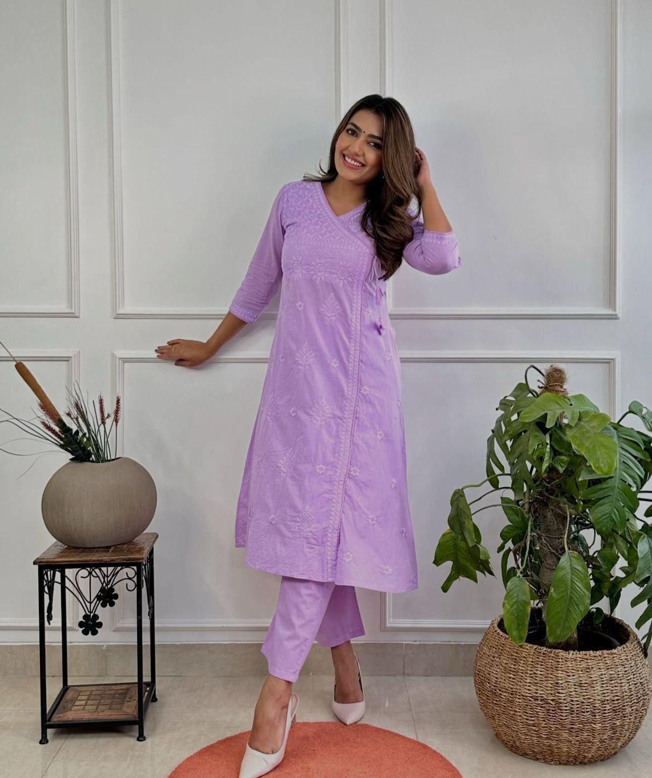 Cotton Chikankari Angrakha Style Kurti Pant Set for Women