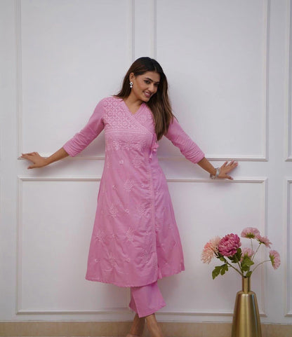 Cotton Chikankari Angrakha Style Kurti Pant Set for Women