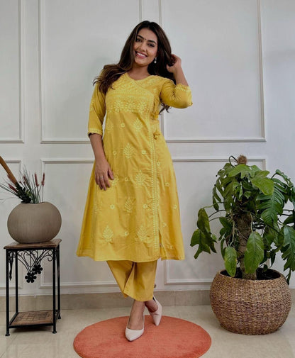 Cotton Chikankari Angrakha Style Kurti Pant Set for Women