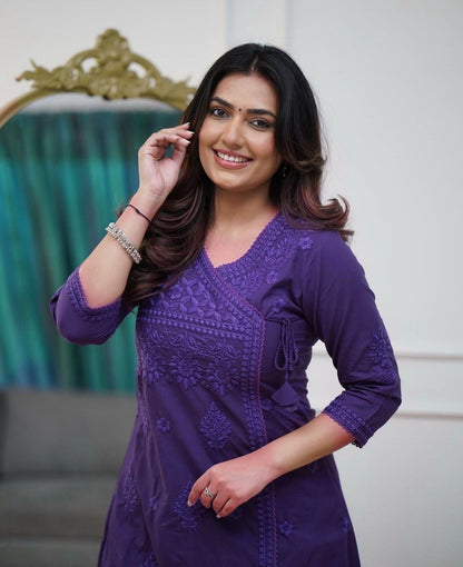 Cotton Chikankari Angrakha Style Kurti Pant Set for Women