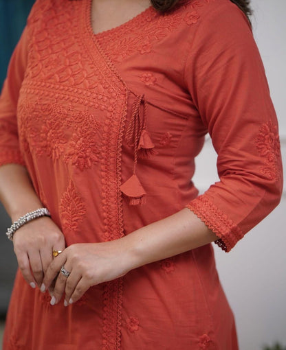 Cotton Chikankari Angrakha Style Kurti Pant Set for Women