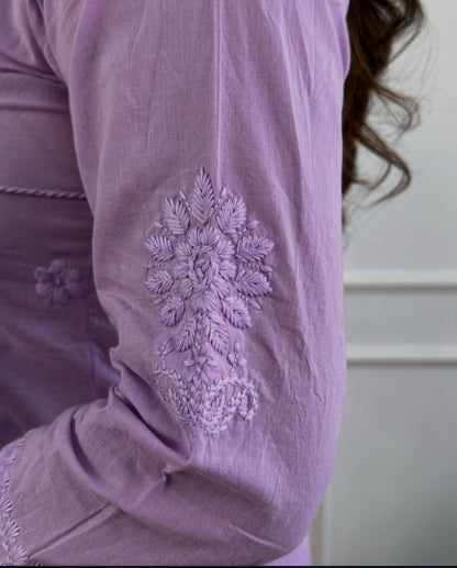 Cotton Chikankari Angrakha Style Kurti Pant Set for Women