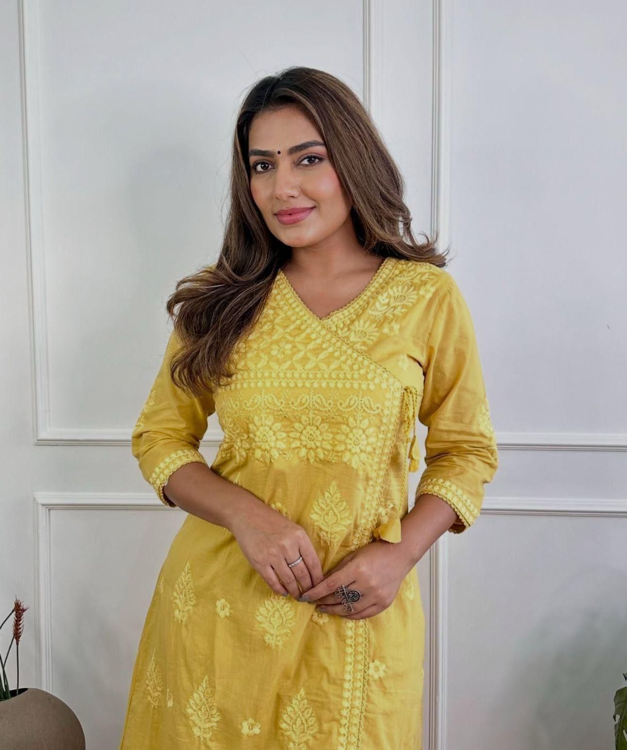 Cotton Chikankari Angrakha Style Kurti Pant Set for Women