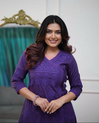Cotton Chikankari Angrakha Style Kurti Pant Set for Women