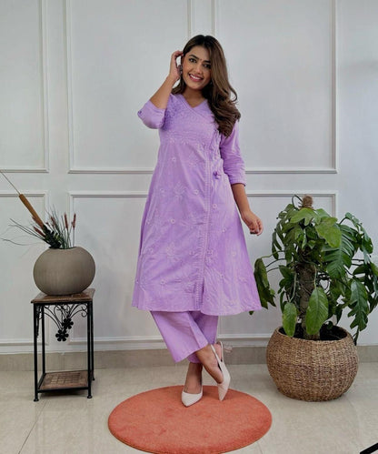 Cotton Chikankari Angrakha Style Kurti Pant Set for Women