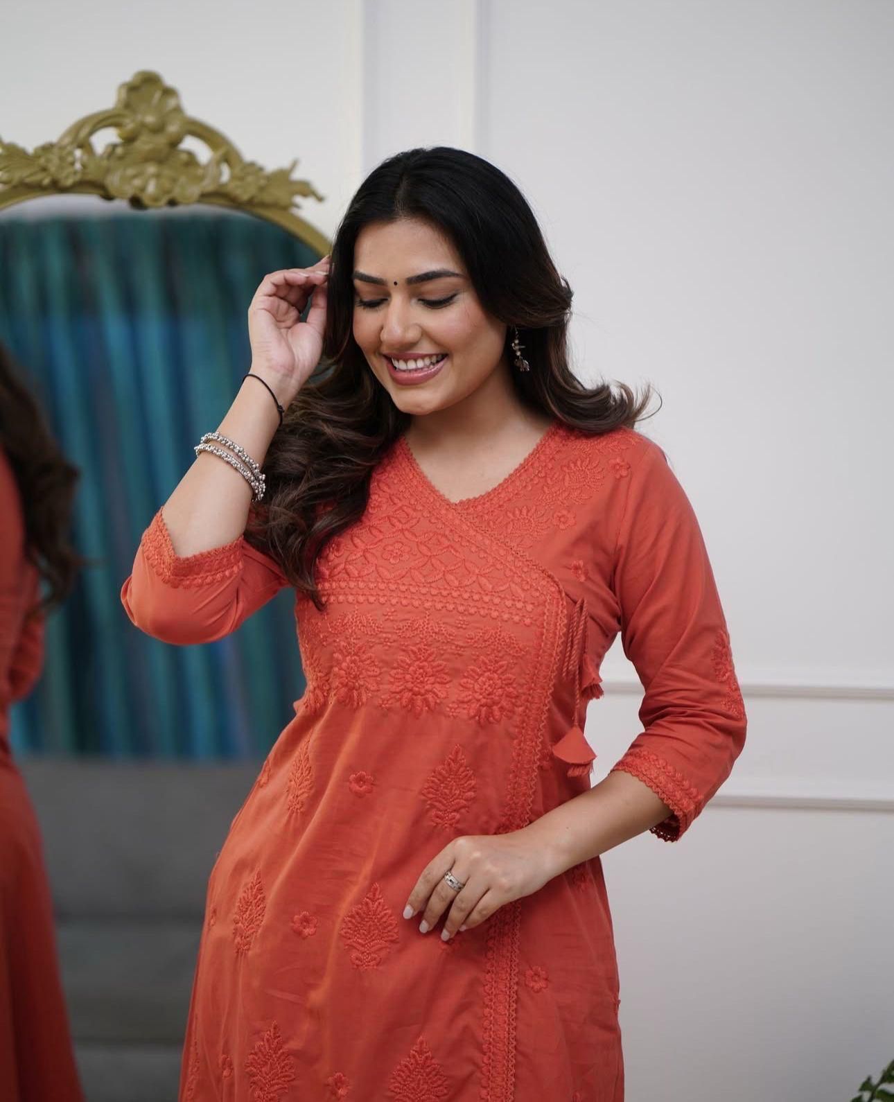 Cotton Chikankari Angrakha Style Kurti Pant Set for Women