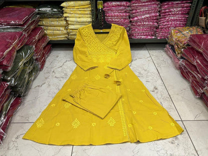 Cotton Chikankari Angrakha Style Kurti Pant Set for Women